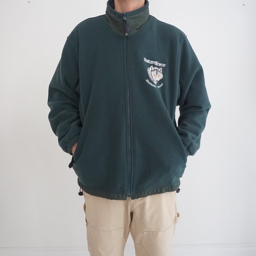 Vintage North End Hunter Green Embroidered Wolf Zip Up Fleece Sweater Large